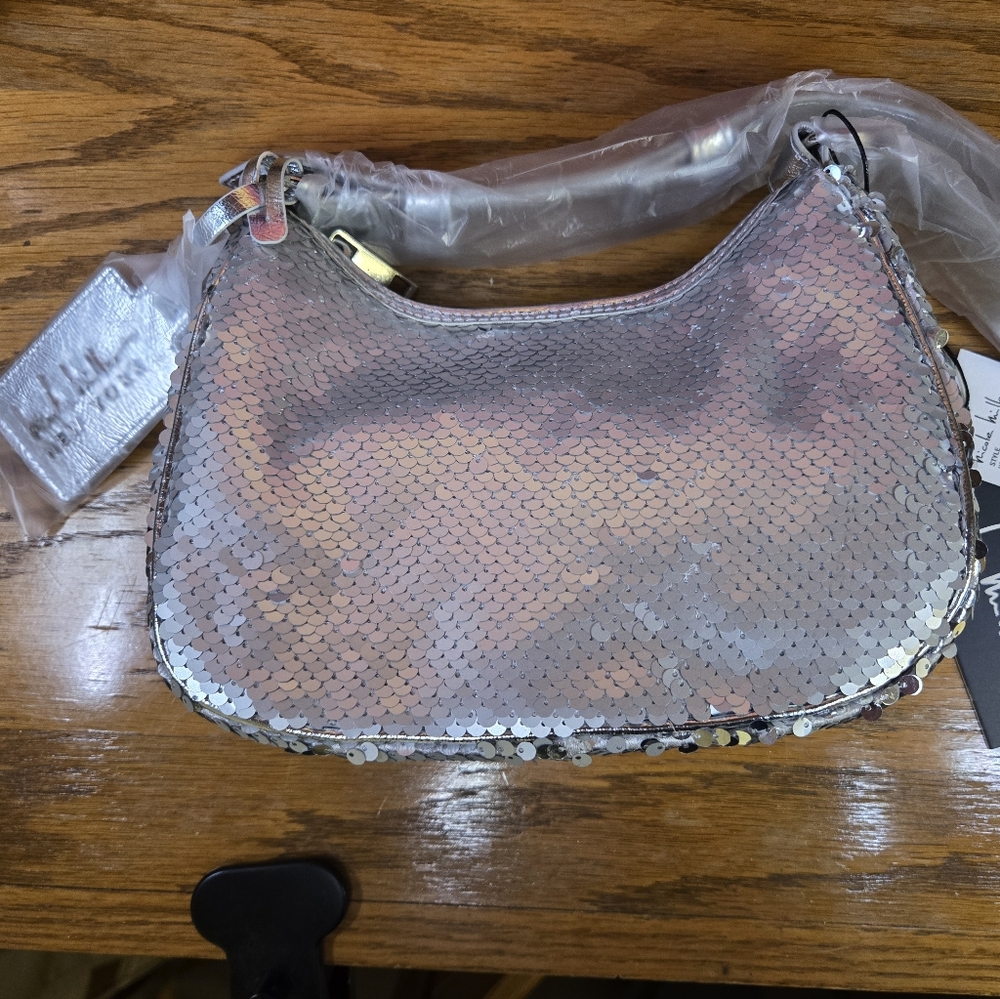 NWT Nicole Miller Silver Sequin Crescent Shoulder Bag
